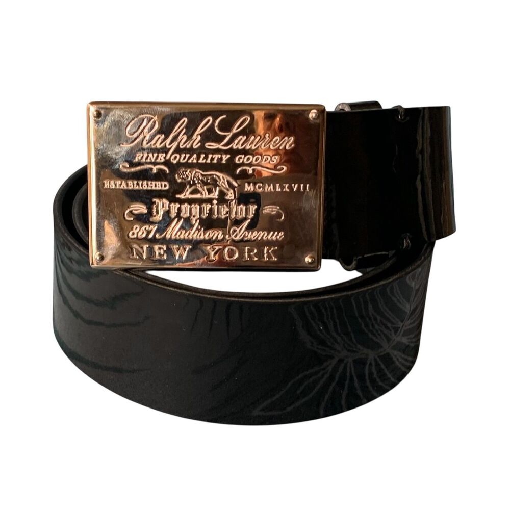 RALPH LAUREN Silver Metal Plaque Buckle Black Patent Leather Belt sz M